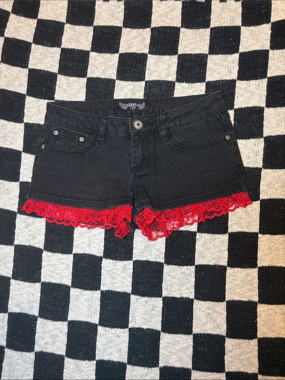 Y2K Black Denim Shorts with Red Lace Trim